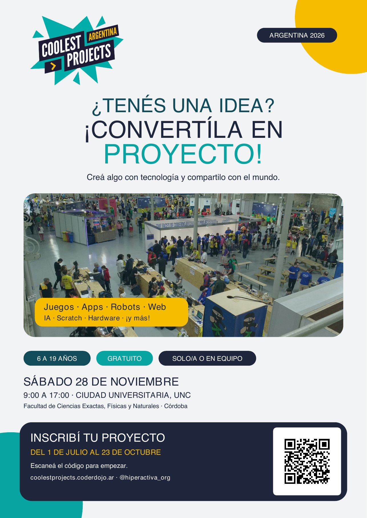 A3 Coolest Projects Argentina 2026 poster for students aged 6 to 19